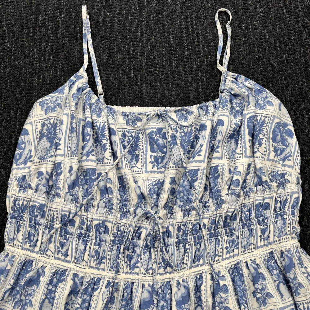 Abercrombie & Fitch Blue White Fruit Stamp Smocked Tie-Front Maxi Dress Flowy XL